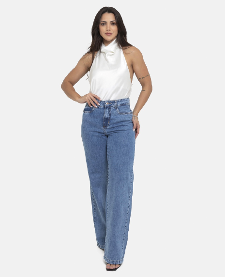 CALÇA WIDE LEG FEMININA CINTURA ALTA LAVAGEM MEDIA SEM ELASTANO - Imagem 2