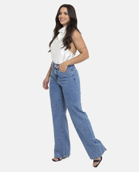 CALÇA WIDE LEG FEMININA CINTURA ALTA LAVAGEM MEDIA SEM ELASTANO