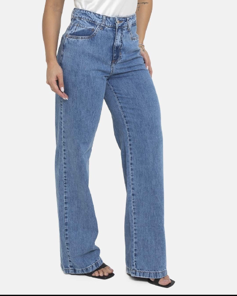 CALÇA WIDE LEG FEMININA CINTURA ALTA LAVAGEM MEDIA SEM ELASTANO - Imagem 4